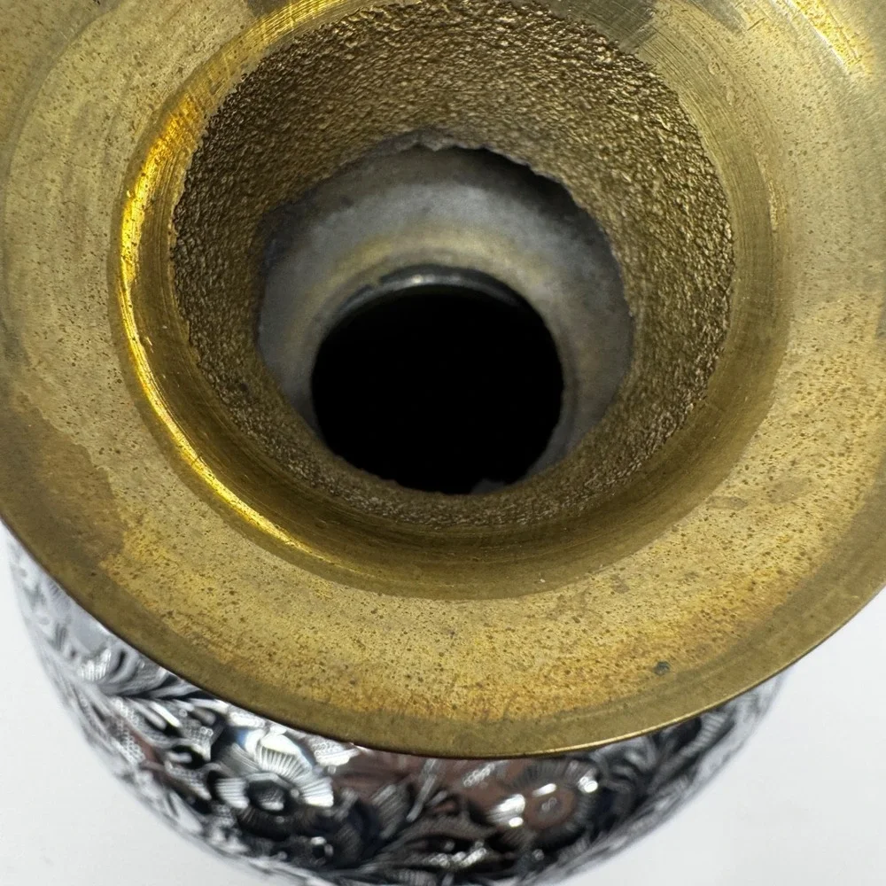 Vintage Indian Brass Silver-Tone Engraved Vase 2-Piece Floral Globe 8.5in Decor
